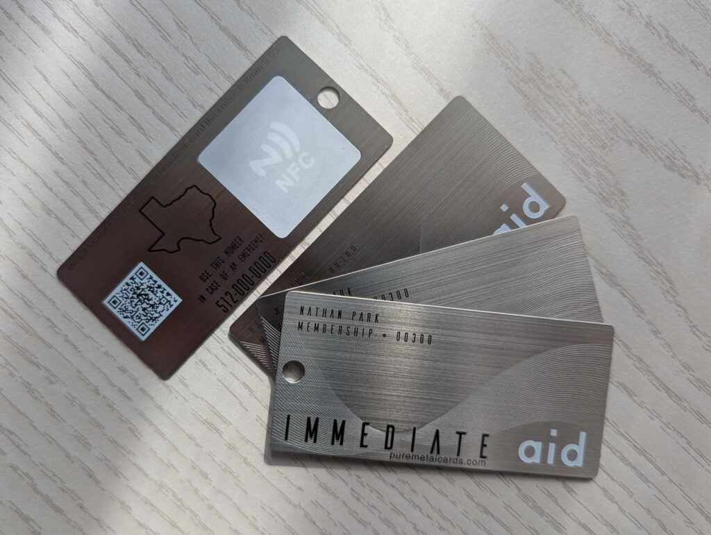 Pure Metal Cards - brushed stainless steel card - immediate aid emergency card with NFC chip and qr code