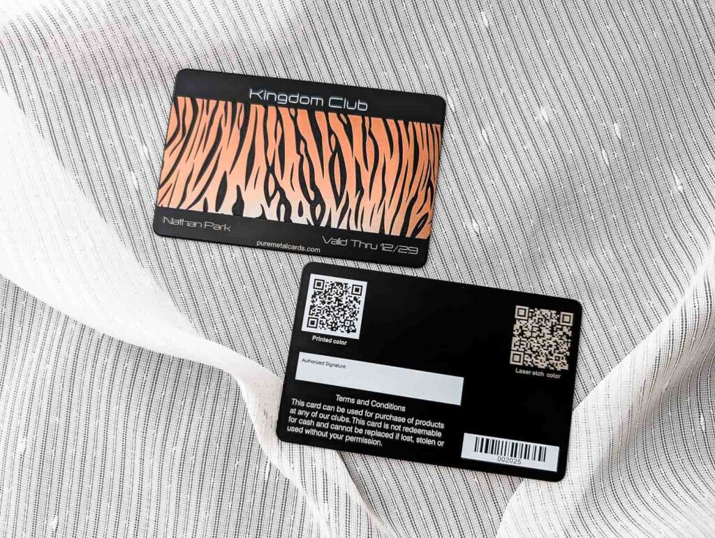 Pure Metal Cards - metal membership card - matt black titaniuml - kingdom club card featuring qr codes and a barcode