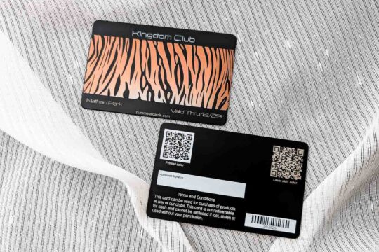 Pure Metal Cards - metal membership card - matt black titaniuml - kingdom club card featuring qr codes and a barcode